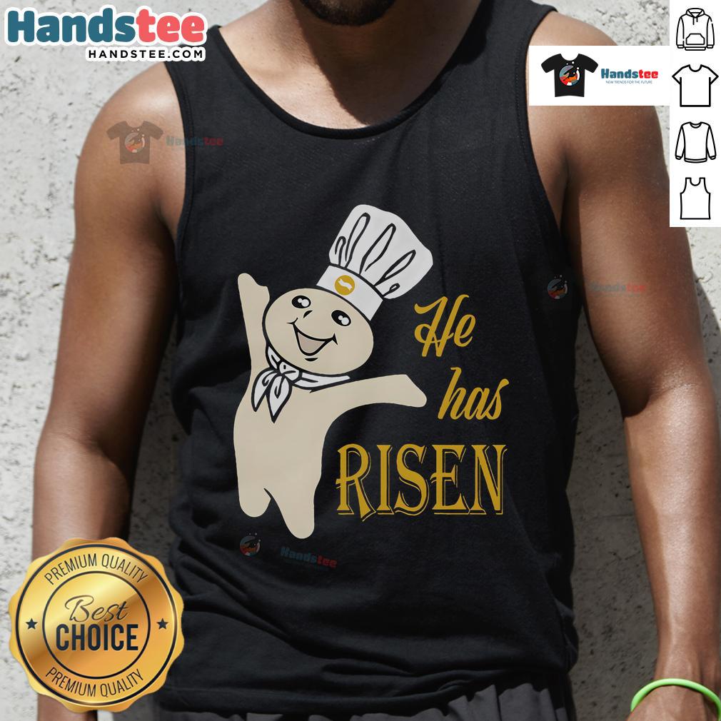 Good He Has Risen Doughboy Pillsbury tank top featuring the iconic Pillsbury Doughboy in a festive design.