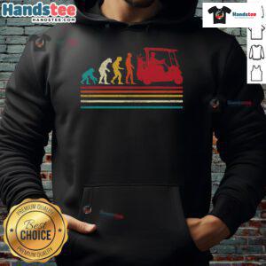 Vintage hoodie featuring a funny golfer with a golf cart, perfect for golf enthusiasts and fans of good human evolution.