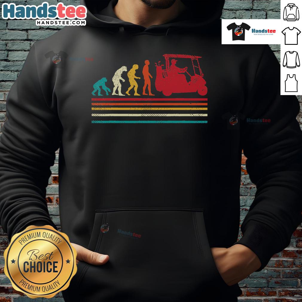 Vintage hoodie featuring a funny golfer with a golf cart, perfect for golf enthusiasts and fans of good human evolution.