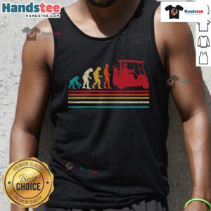 Funny golfer wearing a vintage tank top drives a golf cart, showcasing good human evolution in golfing style.