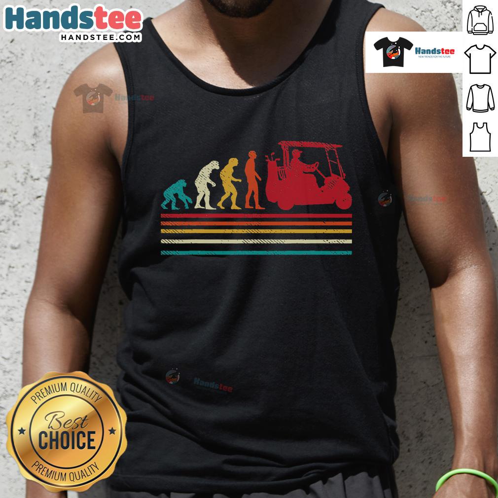 Funny golfer wearing a vintage tank top drives a golf cart, showcasing good human evolution in golfing style.