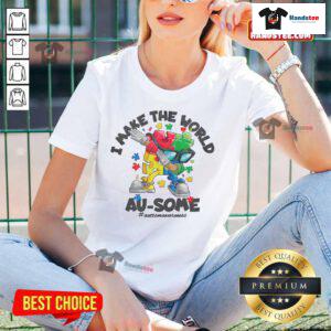 Good I Make The World Ausome Puzzle Piece Ladies Tee featuring a colorful puzzle design for womens empowerment.