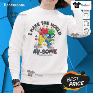 Good I Make The World Ausome puzzle piece sweatshirt design, featuring vibrant colors and a playful graphic.