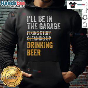Vintage mechanic hoodie featuring a garage scene with beer, perfect for car enthusiasts and casual wear.