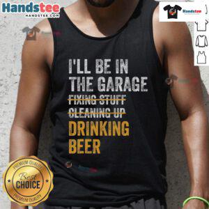 Vintage mechanic car tank top design featuring a garage scene with beer, perfect for automotive enthusiasts.