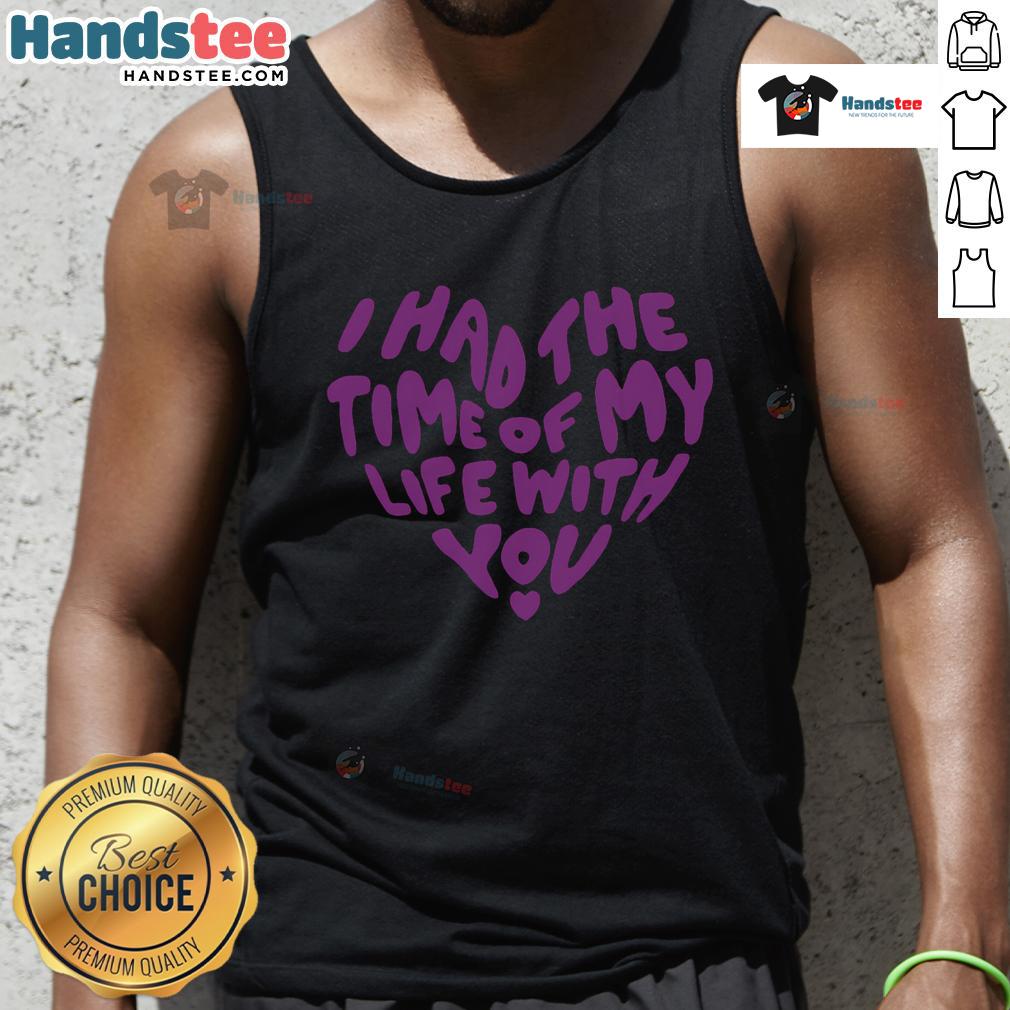 Model wearing a 'Good In My Now Speak Era I Have The Time Of My Life With You' tank top, showcasing vibrant design and style.