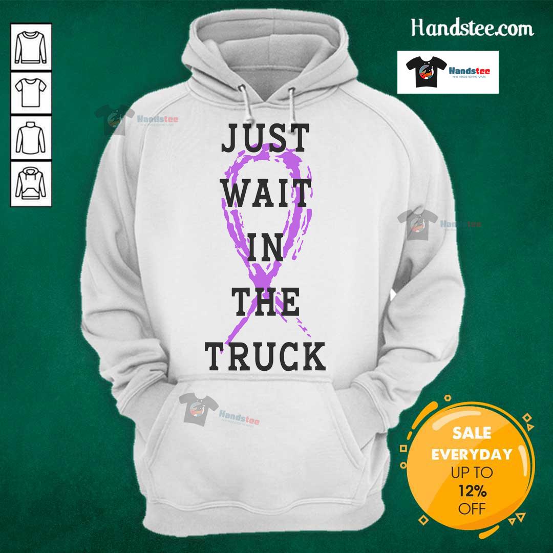 Purple ribbon cancer awareness hoodie with 'Good Just Wait in the Truck' text, promoting support for cancer fighters.