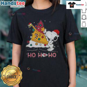 Good Kansas City Chiefs NFL Snoopy Christmas Tree Ho Ho Ho Ladies Tee featuring festive design and team logo.