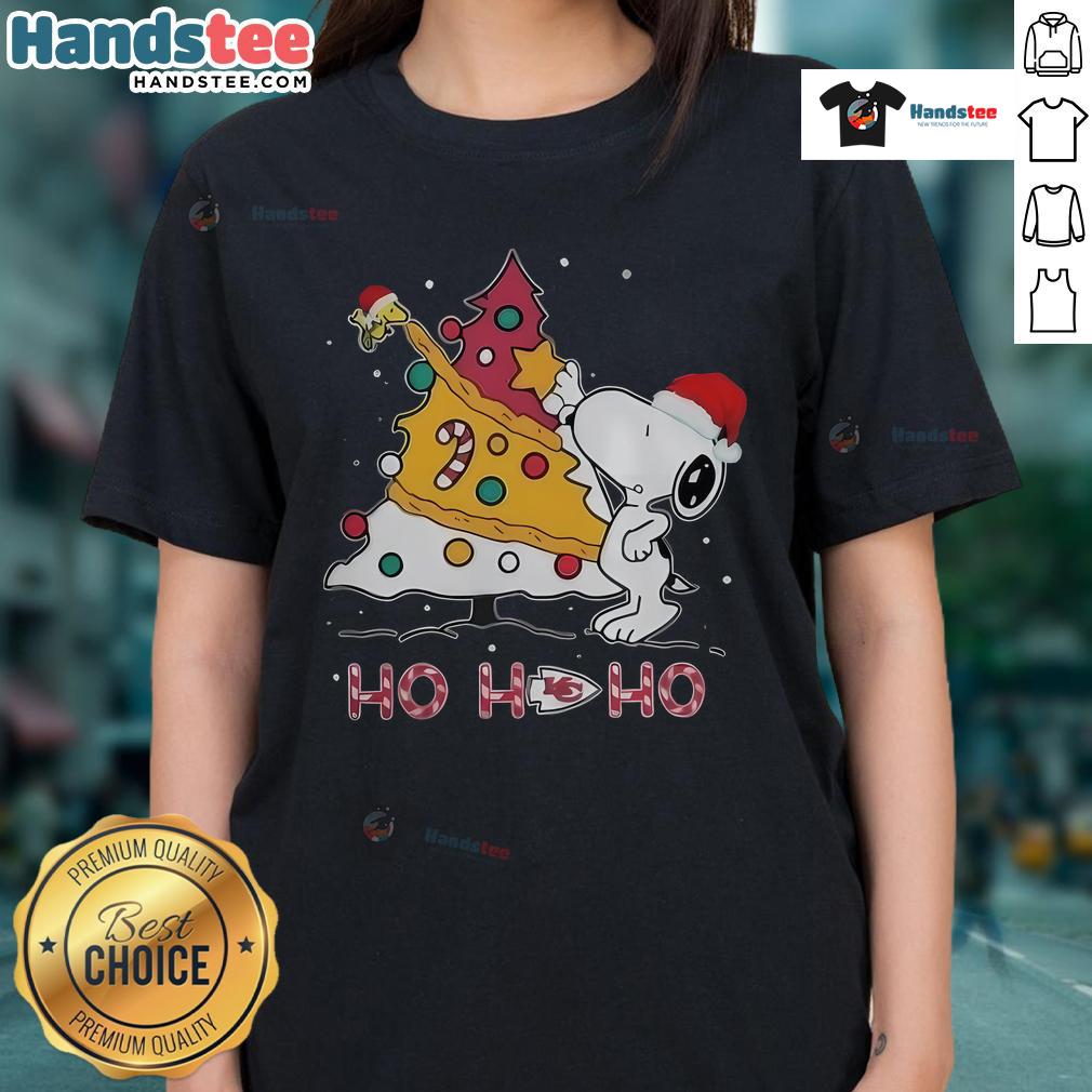 Good Kansas City Chiefs NFL Snoopy Christmas Tree Ho Ho Ho Ladies Tee featuring festive design and team logo.