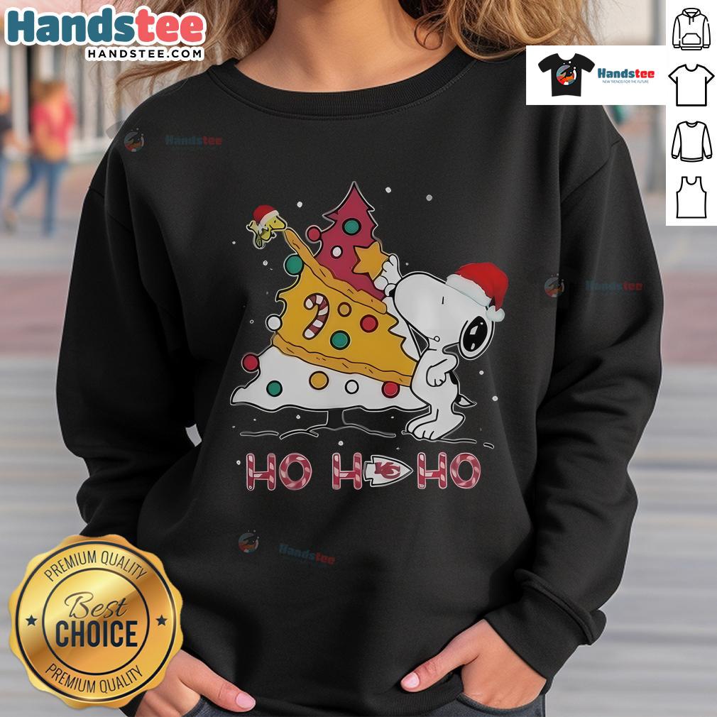 Cozy Kansas City Chiefs NFL Snoopy Christmas Tree sweatshirt with Ho Ho Ho design, perfect for festive NFL fans.