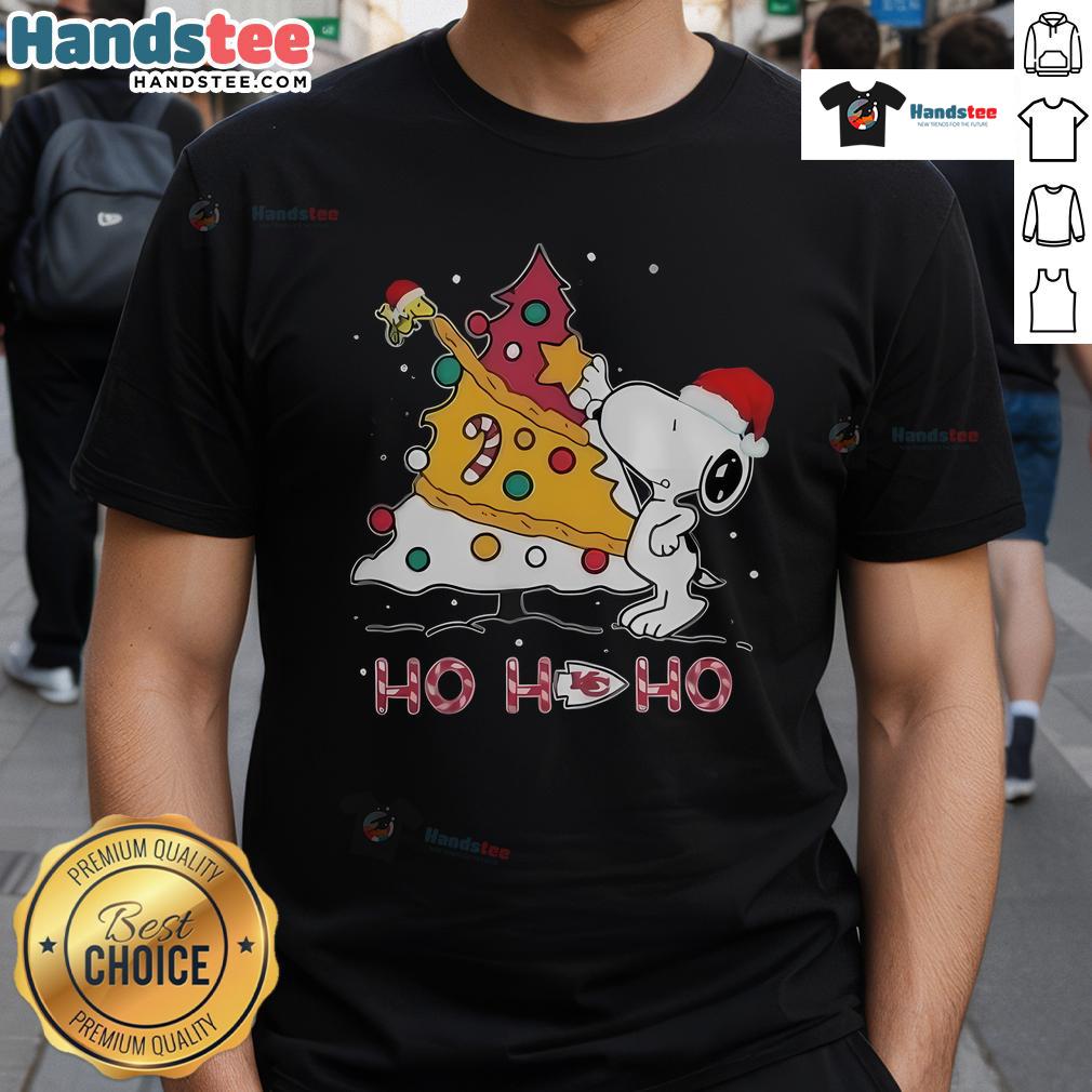 Good Kansas City Chiefs NFL Snoopy Christmas Tree Ho Ho Ho T-Shirt featuring festive design for holiday cheer.