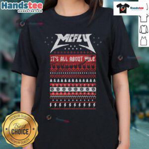 Good McFly It's All About Yule Ladies Tee featuring a festive design perfect for holiday celebrations.