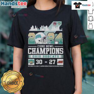 2024 Ohio Bobcats Honor Cure Bowl Champs ladies tee showcasing team pride and victory in vibrant colors.
