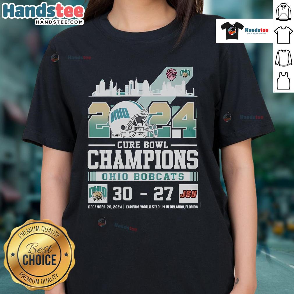 2024 Ohio Bobcats Honor Cure Bowl Champs ladies tee showcasing team pride and victory in vibrant colors.