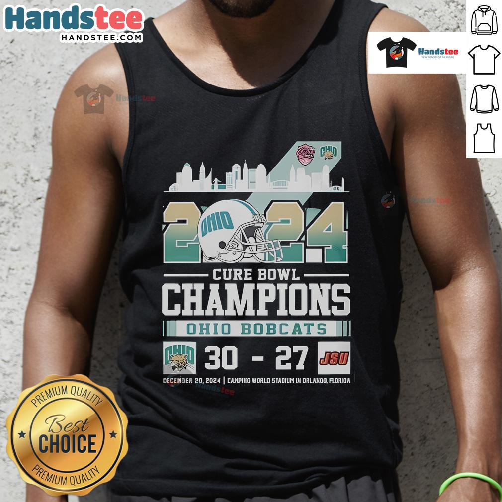 Ohio Bobcats 2024 Cure Bowl Champs tank top, featuring vibrant team colors and logo, perfect for proud fans and supporters.
