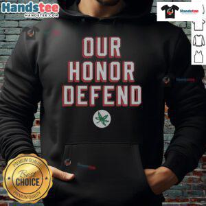 Stylish 'Good Our Honor Defend' hoodie in black, featuring a bold graphic, perfect for casual wear and showing support.