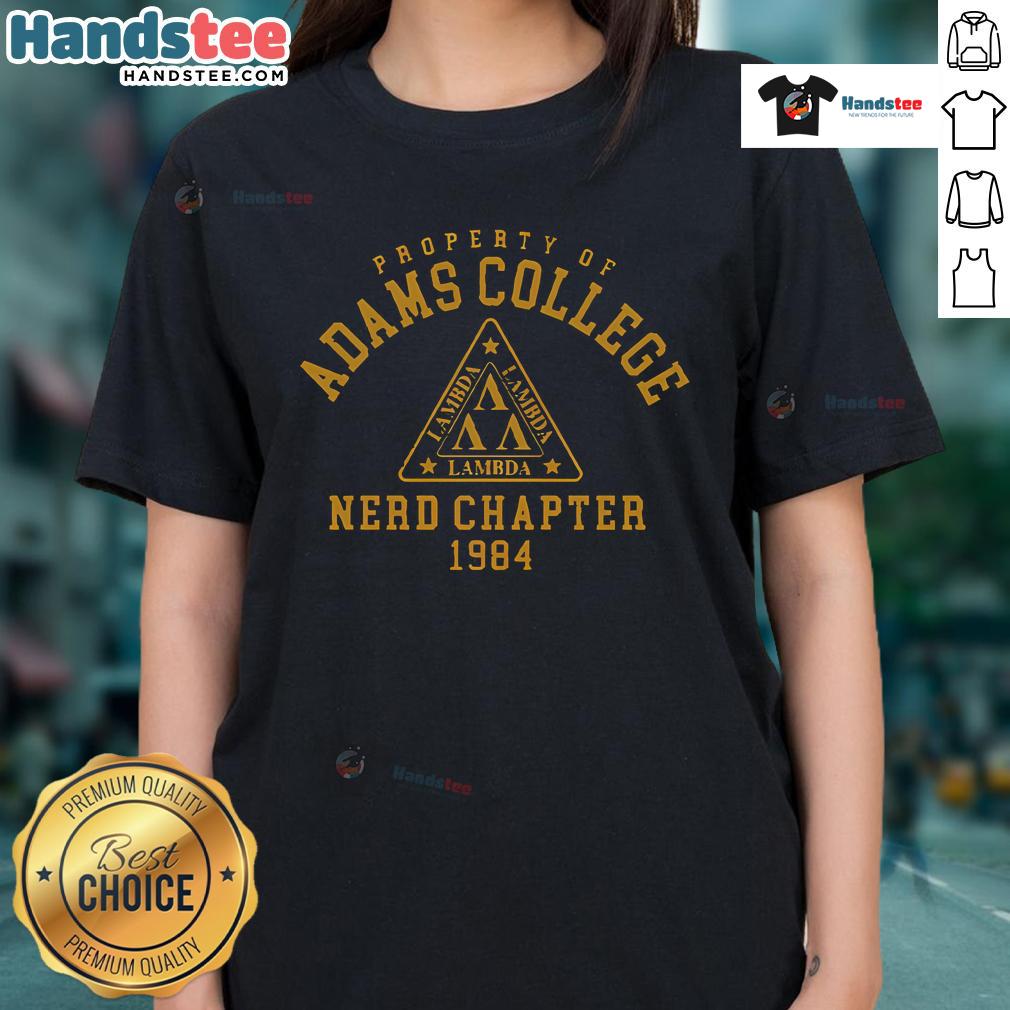 Vintage ladies tee from the Good Property of Adams College Nerd Chapter 1984, featuring retro graphics and classic style.