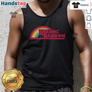 Colorful Good Reading Rainbow Tank Top displayed on a mannequin, perfect for book lovers and summer fashion.