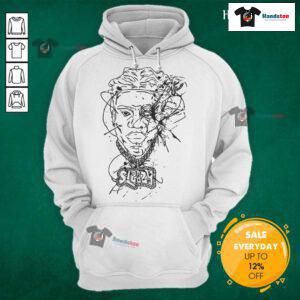 Model wearing Good Sleazyworld Go Portrait Hoodie, showcasing trendy streetwear style and vibrant graphic design.