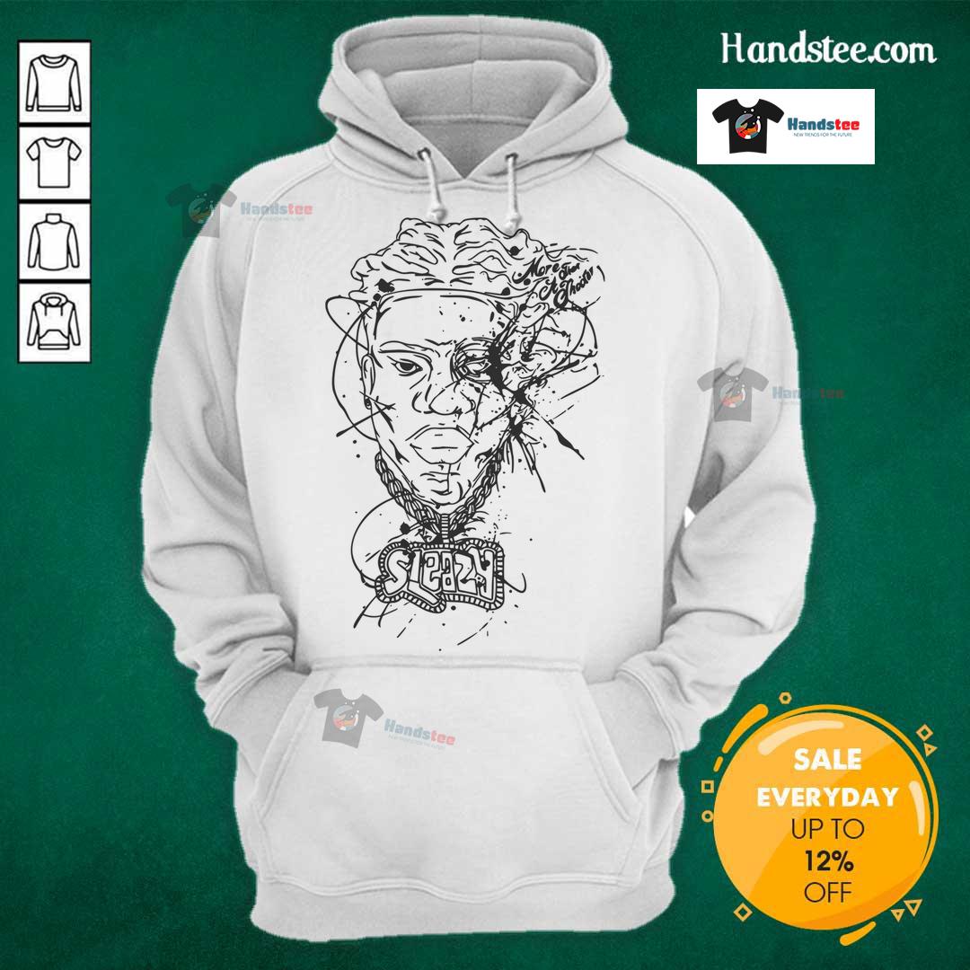 Model wearing Good Sleazyworld Go Portrait Hoodie, showcasing trendy streetwear style and vibrant graphic design.