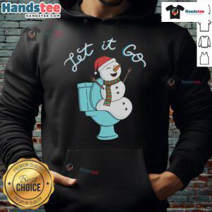 Playful snowman on toilet wearing 'Let It Go' hoodie, perfect for winter decor and fun holiday fashion.