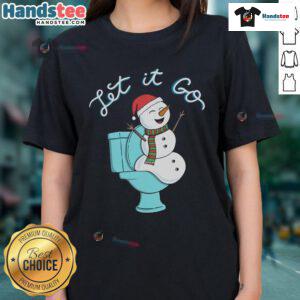 Funny snowman on toilet graphic tee for women, featuring 'Let It Go' design, perfect for winter and holiday humor.
