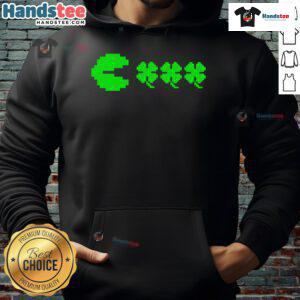 Good St. Patrick's Day gamer hoodie featuring clovers and Pac-Man design for video game enthusiasts.