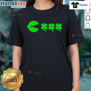 St. Patrick's Day gamer clovers design on a ladies tee featuring Pacman, perfect for festive gaming enthusiasts.