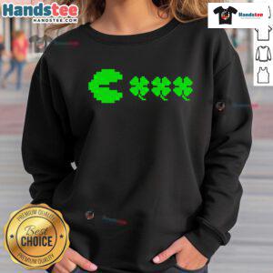Green St. Patrick's Day gamer sweatshirt featuring Pac-Man and clovers, perfect for gaming enthusiasts celebrating the holiday.