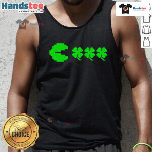 Good St. Patrick's Day gamer tank top featuring Pacman and clovers, perfect for celebrating with video games.