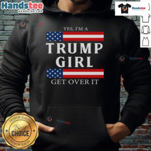 Alt Text: Proud girl in a patriotic hoodie with the American flag, supporting Trump and encouraging voting in the USA.