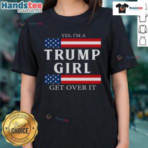 Patriotic girl wearing a Trump-themed tee with the American flag, proud to vote in the USA.