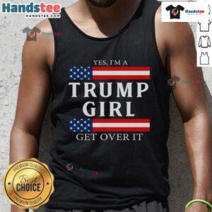 Girl wearing a USA flag tank top, showcasing patriotic pride and support for Trump, ready to vote in America.