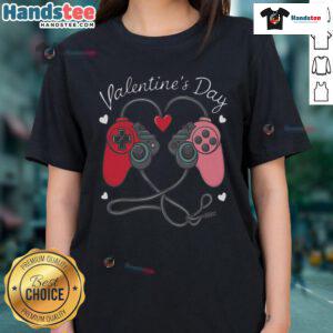Good Video Gamer Valentine's Day tee for ladies featuring heart and game controllers design, perfect for gaming enthusiasts.