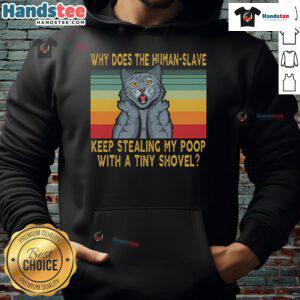 Funny hoodie design: 'Why Does The Human Slave Keep Stealing My Poop With A Tiny Shovel?' featuring a playful pet theme.