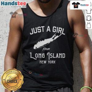 Young woman wearing a 'Happy Just A Girl From Long Island New York' tank top, smiling outdoors in a sunny setting.
