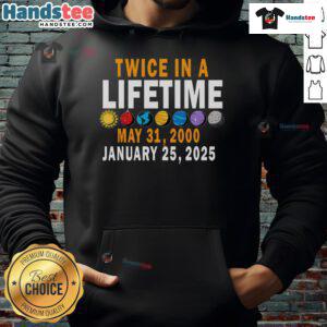 Happy Planetary Alignment hoodie featuring cosmic design, celebrating twice in a lifetime event from May 2000 to Jan 2025.