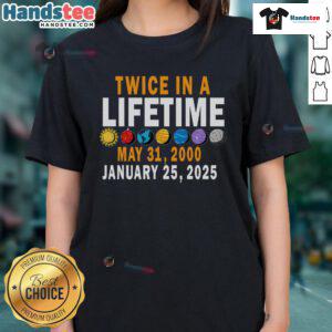 Happy Planetary Alignment tee featuring cosmic design, celebrating twice-in-a-lifetime event May 2000 to Jan 2025.