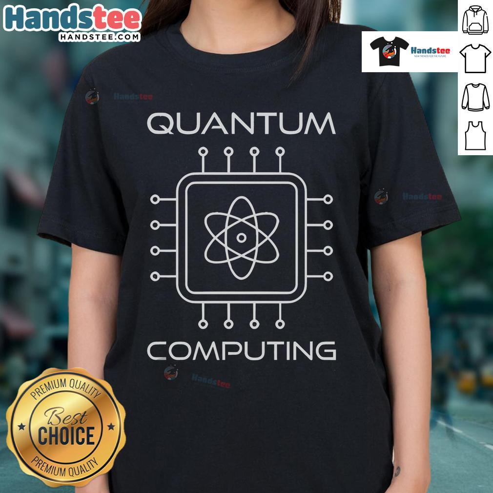 Happy women wearing a quantum computing tee, showcasing their passion for technology and science in a vibrant setting.