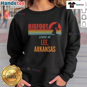 Hot Bigfoot sighting in Lee Arkansas retro sweatshirt design featuring Bigfoot silhouette and vibrant colors.