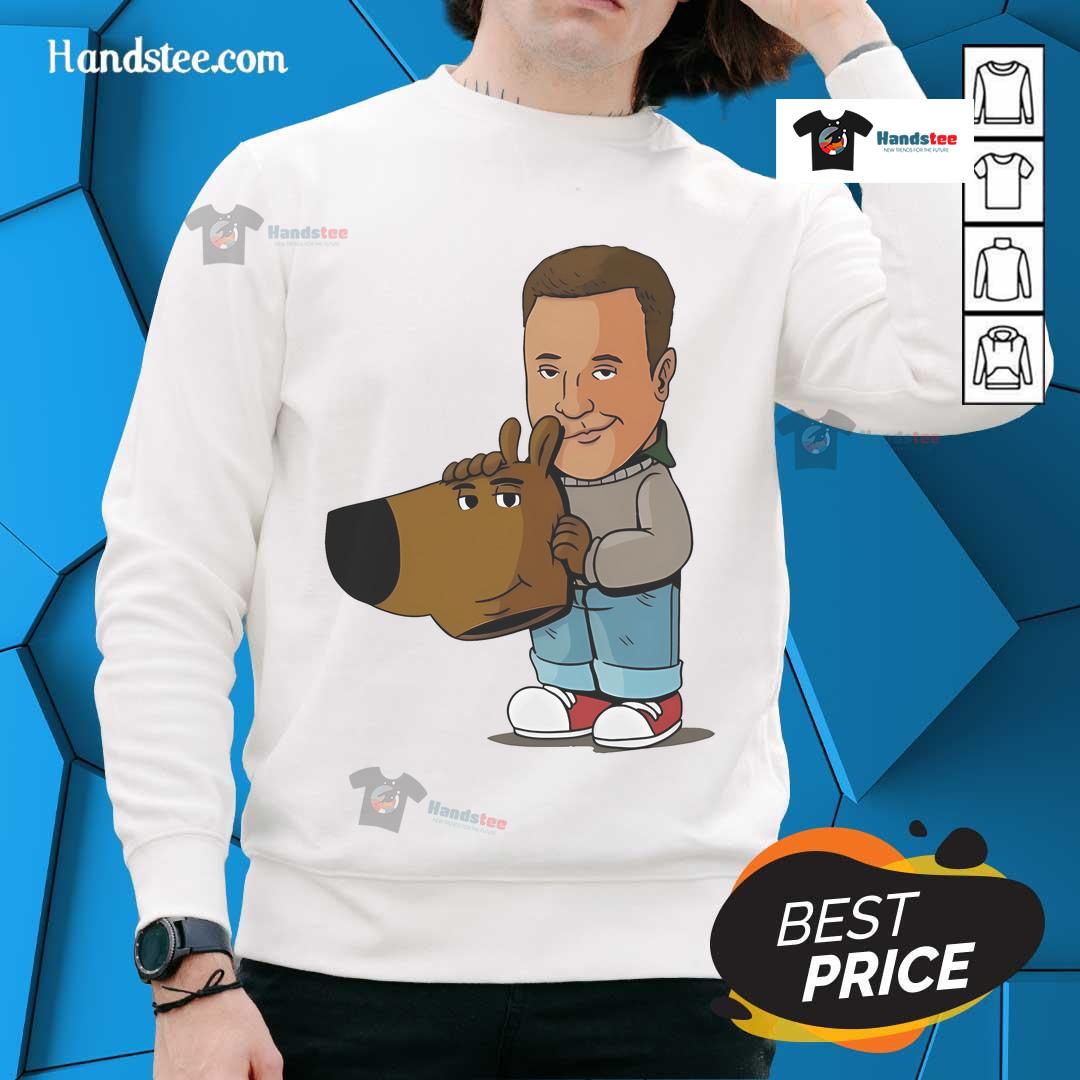 Alt Text: Hot Kevin James 'He's Been Unmasked' Chill Guy meme sweatshirt with vibrant colors and cozy design.