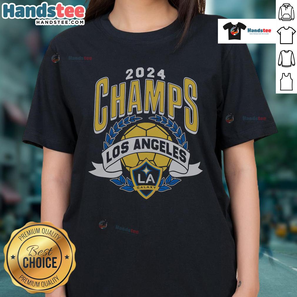 Hot LA Galaxy MLS Cup Champions Ladies Tee showcasing vibrant design and team pride for soccer fans and supporters.