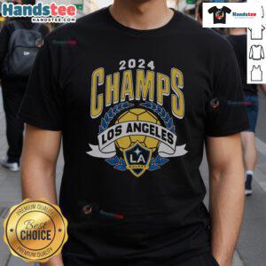 Hot LA Galaxy MLS Cup Champions T-Shirt featuring vibrant team colors and iconic logo for fans and collectors.