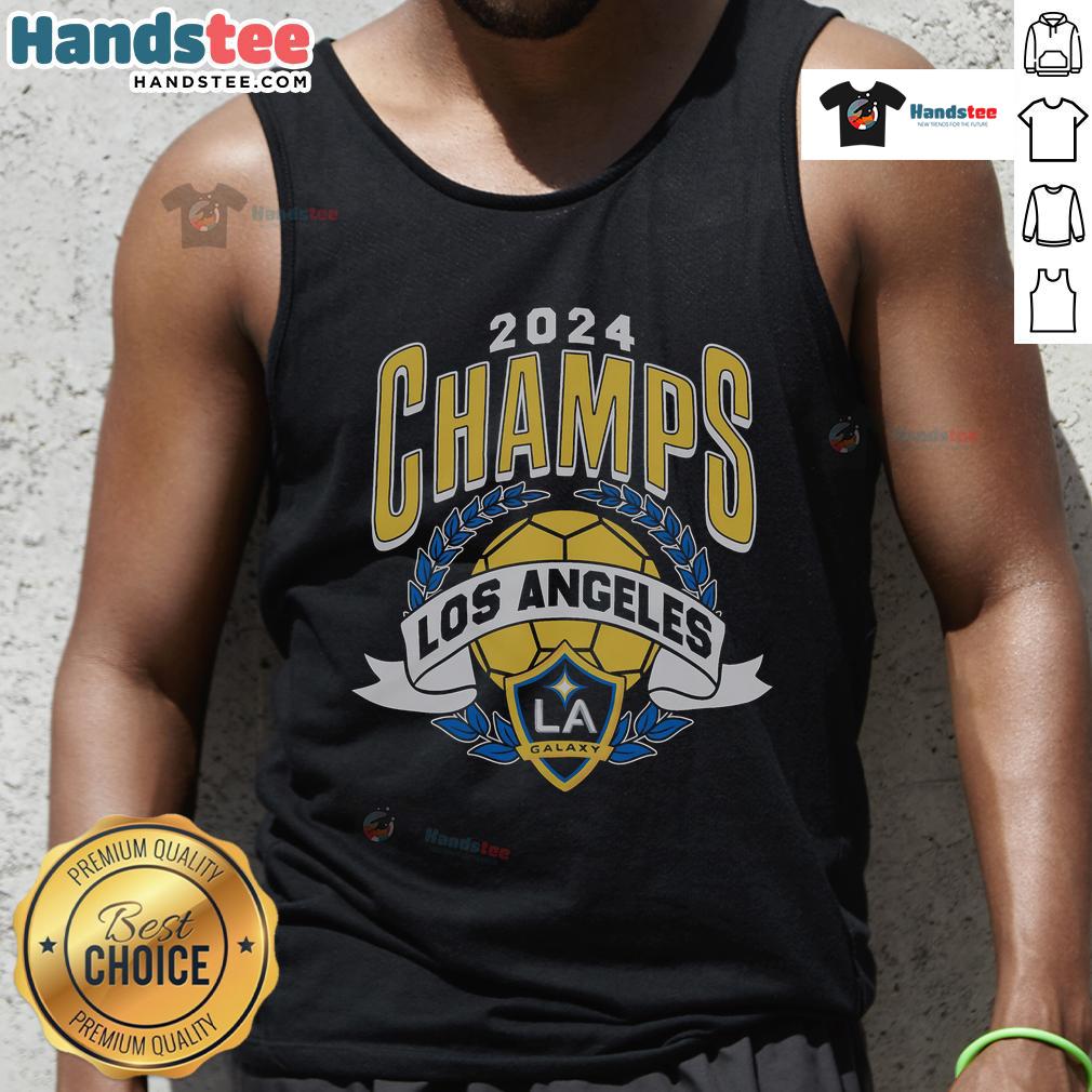 Hot LA Galaxy MLS Cup Champions tank top featuring bold graphics and vibrant colors, perfect for fans and summer wear.