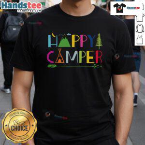 Nice Arrow Camper Happy Summer Camp Camping T-Shirt featuring a vibrant design for outdoor enthusiasts and campers.
