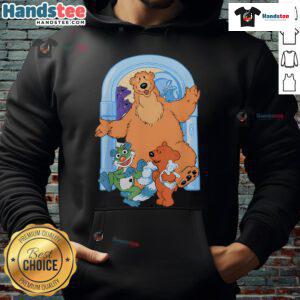 Alt Text: Cute bear wearing a blue hoodie stands at a blue house door, showcasing the 'Nice Bear in the Blue House Door Hoodie' design.