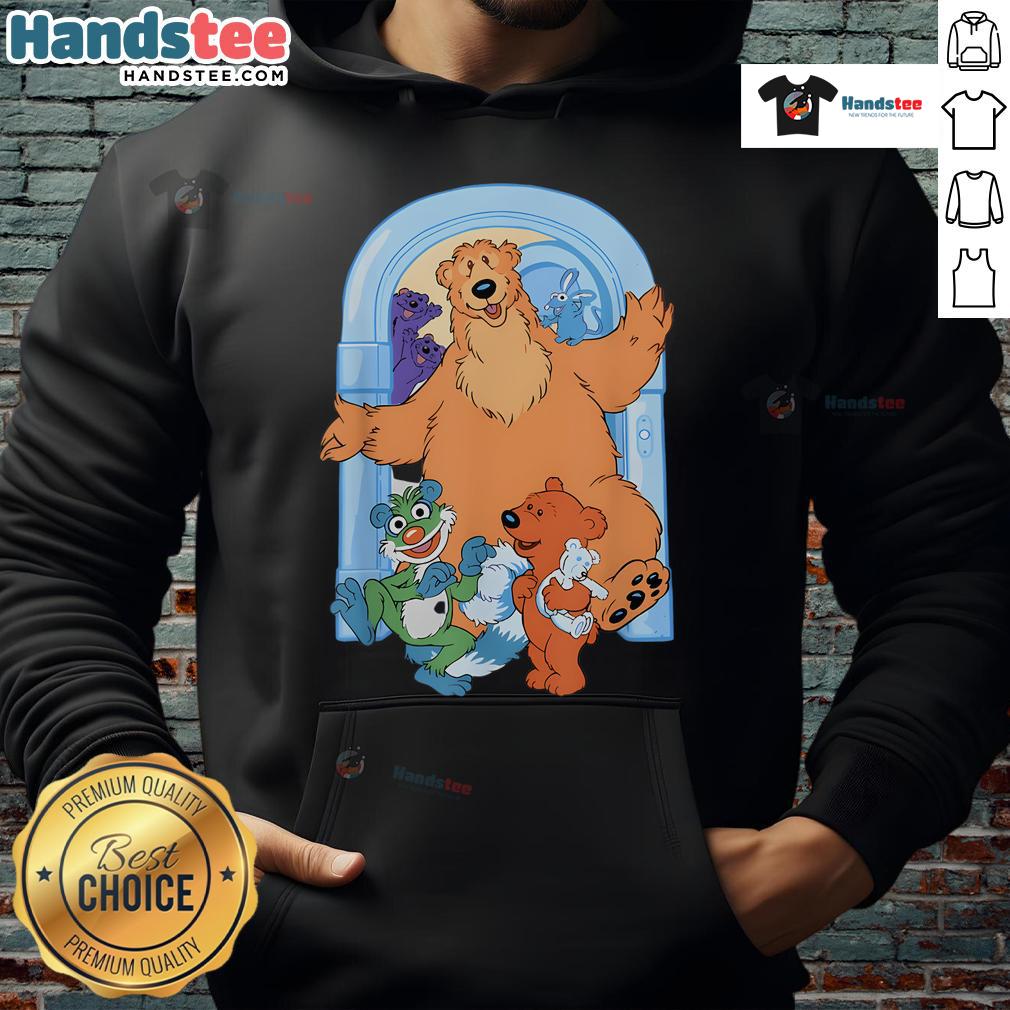 Alt Text: Cute bear wearing a blue hoodie stands at a blue house door, showcasing the 'Nice Bear in the Blue House Door Hoodie' design.