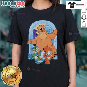 Alt Text: Cute bear illustration at a blue house door on a ladies tee, perfect for casual wear and animal lovers.