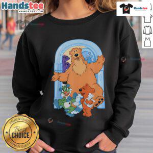 Cute bear design on a blue house door sweatshirt, perfect for cozy casual wear.