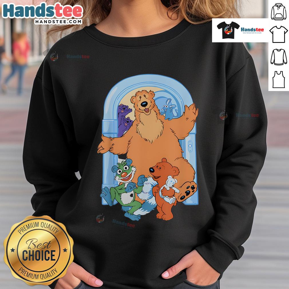 Cute bear design on a blue house door sweatshirt, perfect for cozy casual wear.